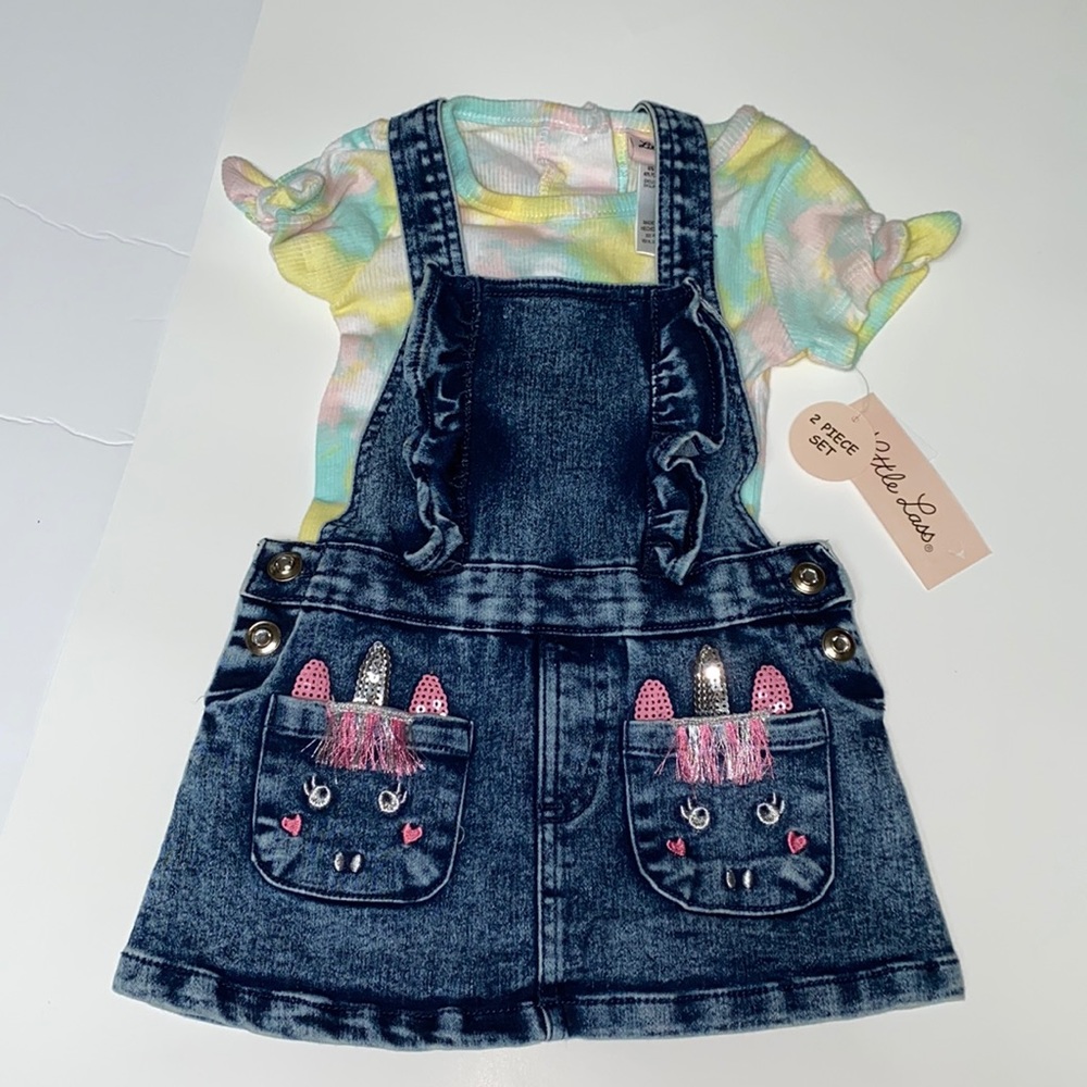 NWT 12M 2pc denim overall dress set, tie dye onesie top adjustable straps